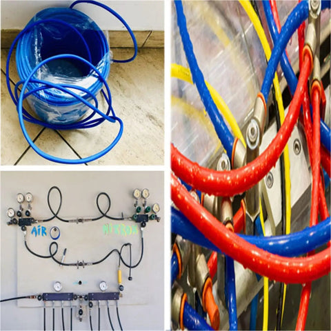 Rock Solid Pu Polyurethane Pneumatic Tubing For Air Compressors Hella Durable Flexible Air Line Hose coiled in blue on a floor.