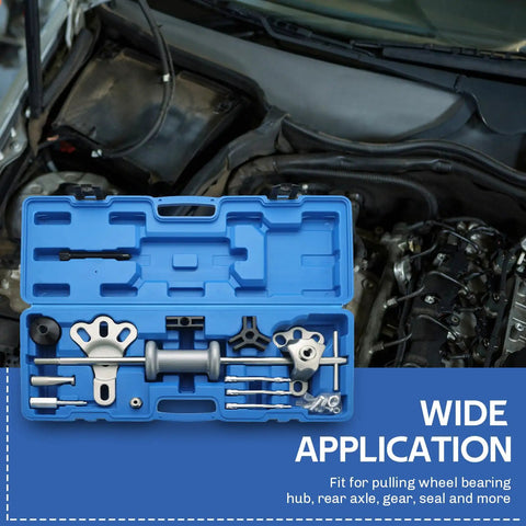 9-Way Slide Hammer Puller Set, 19-Piece Wheel Hub Bearing Remover And Dent Shaft Gear Puller Tool Kit With Portable Case under open hood