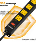 Long 12 Outlet Power Strip With 2100 Joules Surge Protector 6Ft shown with indicator lights and overload protection