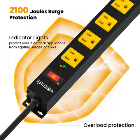 Long 12 Outlet Power Strip With 2100 Joules Surge Protector 6Ft shown with indicator lights and overload protection