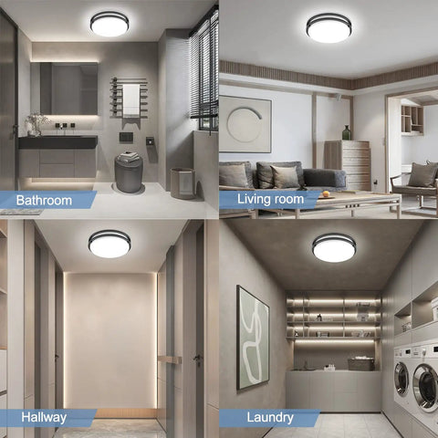 Black Flush Mount Ceiling Light 13 Inch 30W Dimmable LED Fixture With 3000K 4000K 5000K Tunable Color Temperature and 3000 Lumen Brightness in Bathroom, Living Room, Hallway, and Laundry Room