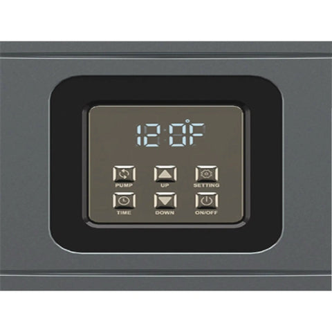 Control panel of Premium Gas Tankless Water Heater With Rock Solid X3 Scale Prevention Tech showing temperature and settings.