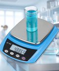 Pro Grade Digital Lab Scale Analytical Balance For Laboratory 0.01g Accuracy High Precision Weighing Device Blue with Liquid Beaker