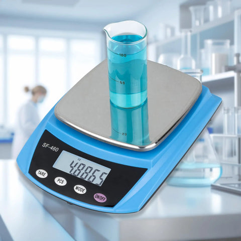 Pro Grade Digital Lab Scale Analytical Balance For Laboratory 0.01g Accuracy High Precision Weighing Device Blue with Liquid Beaker