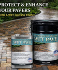 Heavy Duty Wet Look Paver Sealer For Concrete And Brick Blocks in 1 and 5-gallon containers on a brick patio.