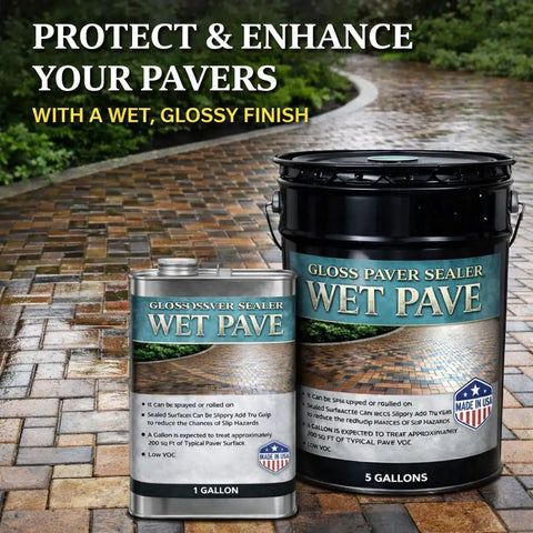 Heavy Duty Wet Look Paver Sealer For Concrete And Brick Blocks in 1 and 5-gallon containers on a brick patio.