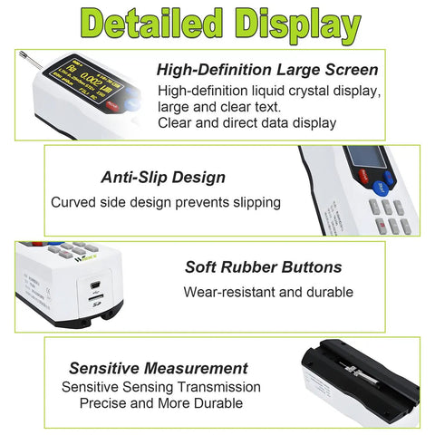 Top Notch Surface Roughness Tester Profilometer with LCD screen, anti-slip design, rubber buttons for precision metal machining QC