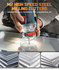 Using M2 high speed steel cutter on plasterboard, illustrating precision of 50-Piece One Eighth Inch Spiral Drywall Router Bit Set
