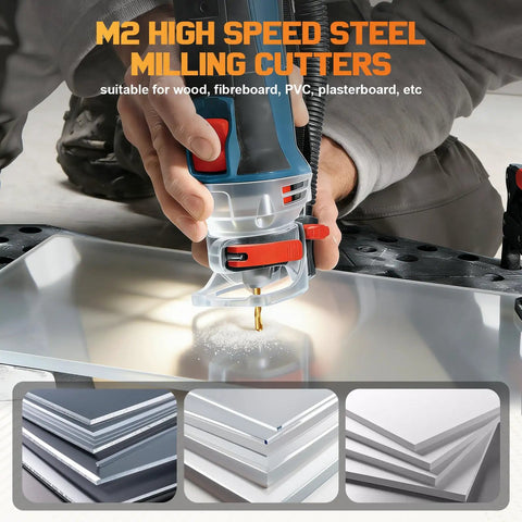 Using M2 high speed steel cutter on plasterboard, illustrating precision of 50-Piece One Eighth Inch Spiral Drywall Router Bit Set