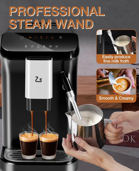 Kickstart Your Daily Brew With This Legit Fully Automatic Espresso Maker Featuring A Built In Grinder 20 Bar High Pressure Pump And Zero Hassle Milk Frother For Smooth Lattes And Rich Cappuccinos At Home, showing espresso being brewed with a steam wand.