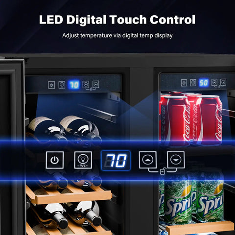34 Bottle Dual Zone Wine And Beverage Fridge With Independent Temperature Control And LED Panel showing digital display.