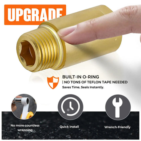 Close-up of Two Pack Brass Pipe Extender Adapter With Rubber O Ring Half Inch NPT Male To Half Inch NPT Female Pipe Fitting Easy Install