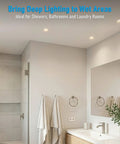 Bathroom setting featuring TORCHSTAR 6-Pack 5CCT 3 Inch LED Recessed Lighting, Anti-Glare, CRI90 in wet area.