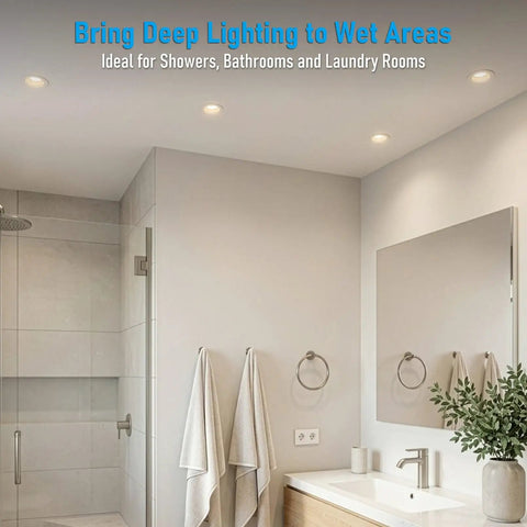 Bathroom setting featuring TORCHSTAR 6-Pack 5CCT 3 Inch LED Recessed Lighting, Anti-Glare, CRI90 in wet area.