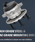 Front view of hub from Drop In Front And Rear Wheel Bearing And Hub Assembly For 2007 2014 Hyundai Santa Fe 2013 2014 Santa Fe Sport 2007 2012 Veracruz 2011 2015 Kia Sorento FWD Replacement Kit 512326 513266 made of high grade steel with SAE grade mounting bolts.