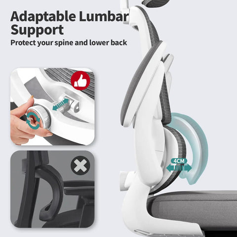 Adjustable lumbar support mechanism on ergonomic home office chair with mesh back and wheels, showing tilt functionality, white.