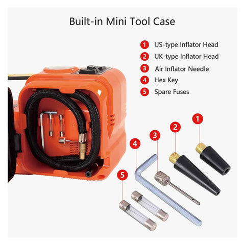 Built-in Mini Tool Case showing US-type and UK-type inflator heads, air inflator needle, hex key, and spare fuses for Badass 5 Ton Electric Floor Jack And 3 In 1 Hydraulic Car Lift Kit.