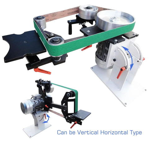 Heavy Duty 71 Inch Variable Speed Belt Sander Grinder That Slays Rough Stock Saves You Hours With Three Quick Swap Wheels For Knife Sharpening And Surface Polish Fits Vertical Or Horizontal Rig, showing adjustable angle and motor.