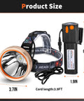 Rechargeable LED Headlamp With Ultra Bright Output, product size details showing headlamp and battery dimensions for night tasks