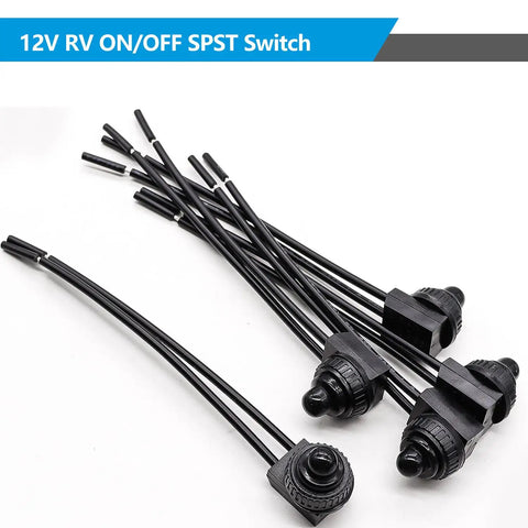 Five Pack 12V Waterproof Push Button Switches For RVs Motorcycles And Cars SPST On Off Leads At Four Point Five Inches For Quick Hookups Rectangular Base Seventeen By Fourteen Mm With A Three Eighth Inch Mount Hole Built Tough For DC Power Projects, 5 black wired switches