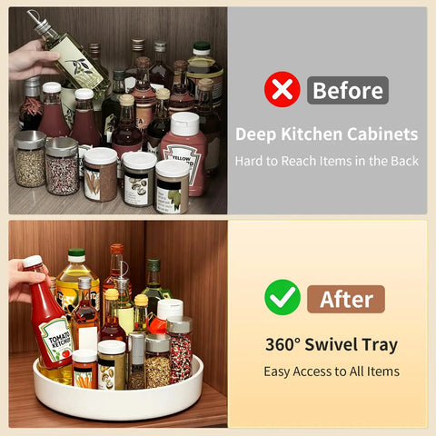 Large Capacity Lazy Susan Organizer For Pantry Cabinet And Kitchen Storage Featuring Super Slick 360 Spinner Turntable Spice Rack With Non Slip Base And Raised Lip Saves Serious Space While Making Daily Meal Prep A Total Piece Of Cake, showing before and after pantry organization.