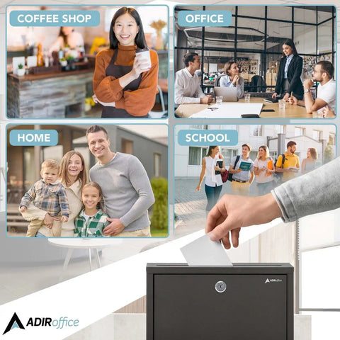 Heavy Duty Wall Mount Deposit Box With Lock And Slot For Payments And Checks in various settings: coffee shop, office, home, school.