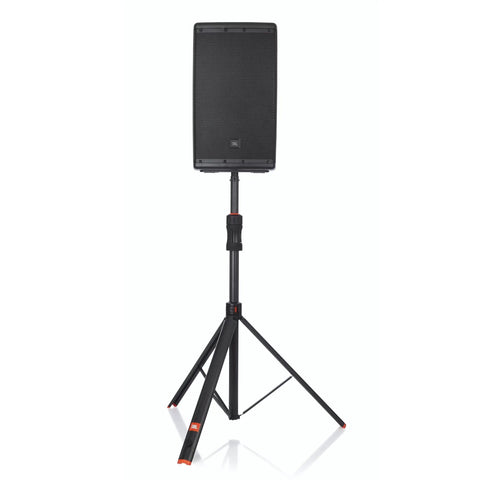 Deluxe Piston Assist Speaker Stands Set With Carry Bag Twin Tripod Auto Height Lift Up To 40 Lbs shown with speaker mounted