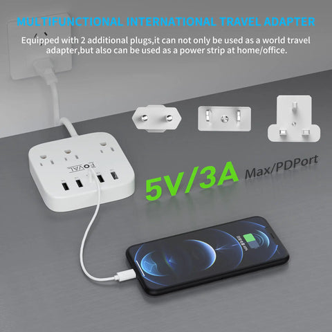 8 In 1 Travel Plug Adapter With USB C And Four USB Ports Three AC Outlets Wall Mountable 5ft Extension Cord in use