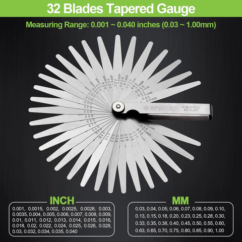 Spurtar 32-blade stainless steel feeler gauge fan with inch and mm scales, front view.