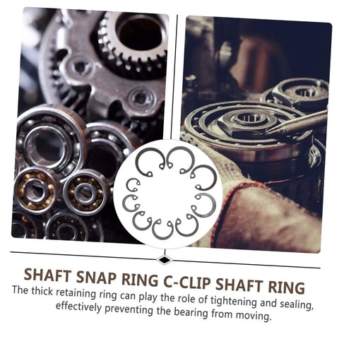 100 Piece Steel Snap Ring Set For Shafts And External Circlips shown with gears and bearings