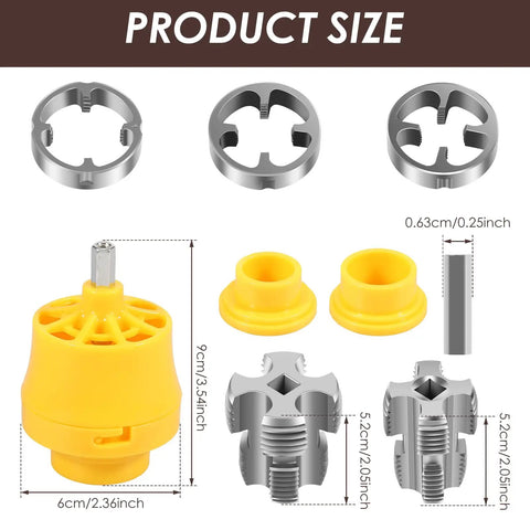 Heavy Duty Pvc Threader Kit With Electric Drill Adapter Including One Half, Three Quarter And One Inch Dies for pipe plumbing works, showing product sizes.