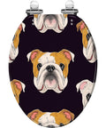 Toilet Seat Elongated Resin for Bathroom with Bulldog design, artistic pattern on a black background, suitable for elongated toilets.