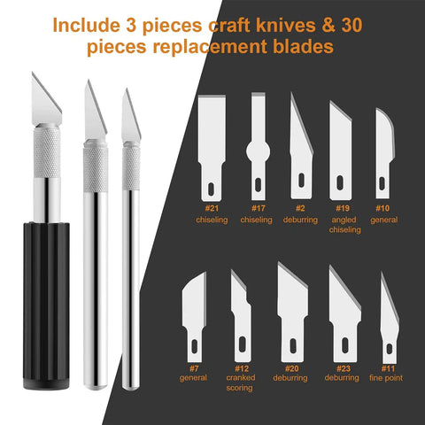 Image of Ultimate 38 Piece Precision Craft Hobby Knife Set With Wooden Chest Razor Sharp Blades For Scrapbooking Art Modeling Sculpture Wood And Leather Work DIY Friendly Fine Point Scoring Chiseling Blades For Detailed Projects, showing 3 craft knives and 10 blade types on dark background.
