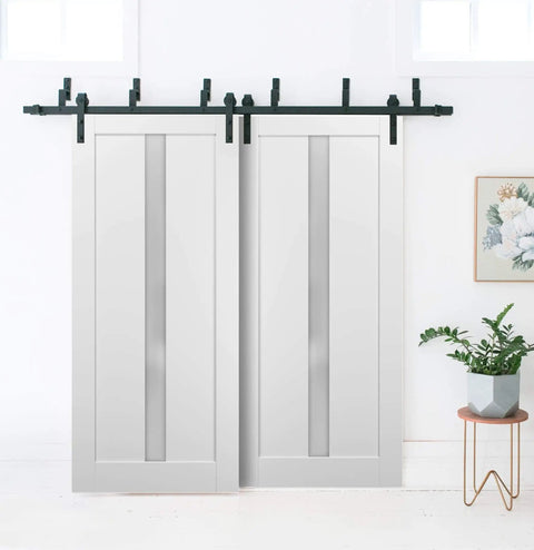 Double sliding lite panel door with heavy duty steel rails set in white silk finish and frosted opaque glass for modern home or studio