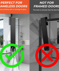 Over The Door Shower Hooks 7.5 Inch for Frameless Glass Doors showing usage and compatibility not for framed doors