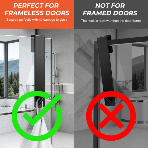Over The Door Shower Hooks 7.5 Inch for Frameless Glass Doors showing usage and compatibility not for framed doors