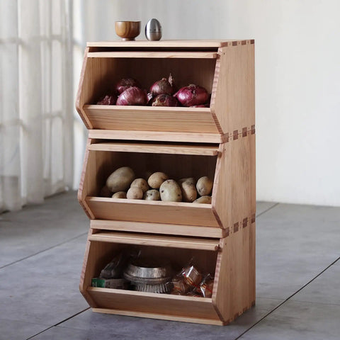 Stackable Solid Wood Storage Chests 3 Pack For Hallway Entryway And Closet Organization, Modular Wooden Bins With Lids For Potatoes Onions Bread, And Quick Item Sorting, Multi Use Home Storage Boxes