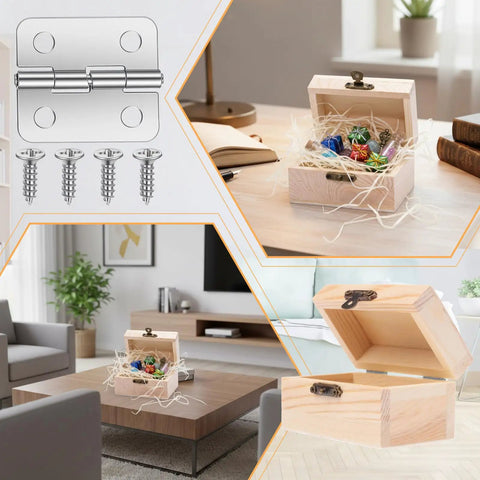 One Hundred Pack Mini Metal Hinges For Jewelry Boxes And Wood Crafts, 19X16 Mm Steel Brackets With 180 Degree Swing, Heavy Hitter Diy Cabinet Fittings Plus Four Hundred Screws with screws and wooden box.