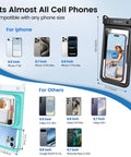 2 Pack IPX8 Waterproof Phone Pouches with Lanyards showcasing compatibility with various phone sizes up to 8.5 inches.