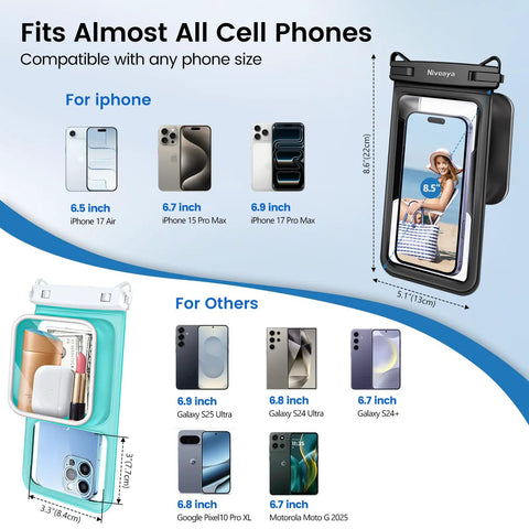 2 Pack IPX8 Waterproof Phone Pouches with Lanyards showcasing compatibility with various phone sizes up to 8.5 inches.