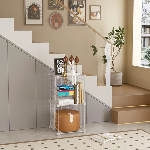 Wire Cube Storage Organizer With 2 Cubes Metal Grid Shelving Unit for home office under stairs, books and decor on shelves
