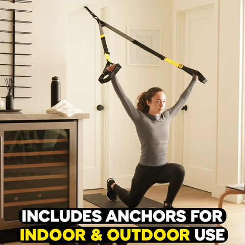 Person using All-In-One Suspension Training System For Home Workouts And Full-Body HIIT, Indoor And Outdoor Anchors Included