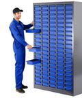 Beefed Up 100 Drawer Grey Parts Cabinet For Nuts Bolts Screws And Nails, Heavy Duty ABS Tool Storage Organizer, Industrial Grade Storage Cabinet For Workshop Garage Office, shown with open drawers