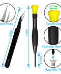 Tweezers and screwdriver with non-slip handle and magnetic tip from 18-Piece Mini Precision Screwdriver Kit With Magnetic Case.