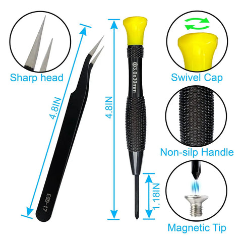 Tweezers and screwdriver with non-slip handle and magnetic tip from 18-Piece Mini Precision Screwdriver Kit With Magnetic Case.