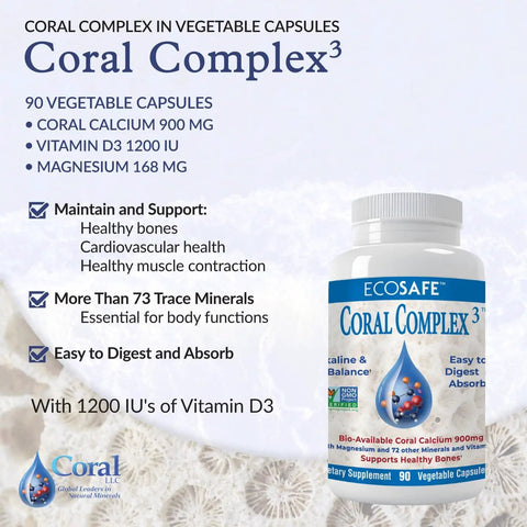 Bioavailable Coral Calcium 900 Mg With Vitamin D3 And Magnesium For Bone Strength Solid Joints PH Balance Trace Minerals Non GMO 300 Veg Capsules For Daily Health Support bottle on brochure background