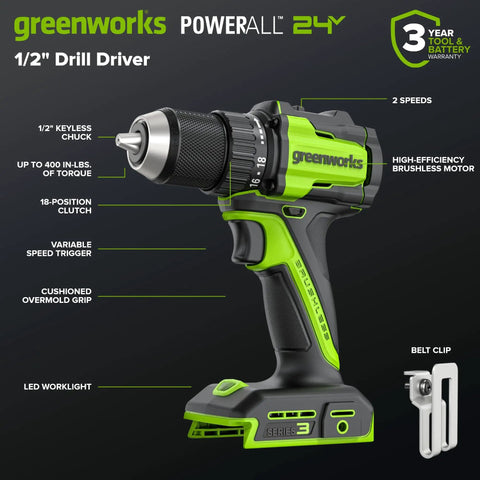 Cordless Brushless Drill And Impact Driver Combo With 400 Inch Pounds And 1950 Inch Pounds Torque 24V Lightweight Workhorse with features labeled