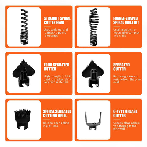 Various drill bits for Heavy Duty Electric Drain Cleaning Machine With Badass Flexible Snake Cable And Complete Accessory Kit.