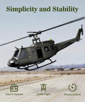 UH-1 Huey RC Helicopter With Auto Hover Dope Collectible 1/27 Scale Desk Model flying above runway, showcasing stability and control.