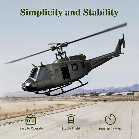 UH-1 Huey RC Helicopter With Auto Hover Dope Collectible 1/27 Scale Desk Model flying above runway, showcasing stability and control.